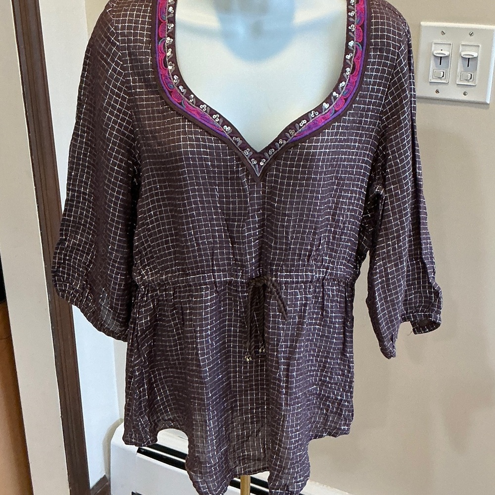 Free People Brown Checked V-Neck Tunic with Pink & Purple Trim